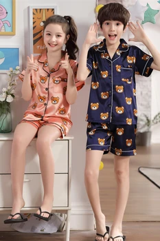 2019 uus Rinnamikrofon trükitud silk lühikeste varrukatega pidžaama komplekt tüdrukud kannavad cartoon lapsed on kodus kandma väikelapse poiss pidžaama pjs lapsed