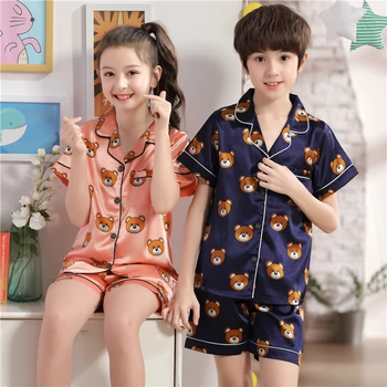 2019 uus Rinnamikrofon trükitud silk lühikeste varrukatega pidžaama komplekt tüdrukud kannavad cartoon lapsed on kodus kandma väikelapse poiss pidžaama pjs lapsed