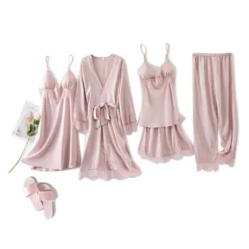 Seksikas Silk Satin Nightwear Pidžaama Komplekt Naiste Pitsiline Kleit Pidžaama Pikk Varrukas Pant Nightgowns Naiste Pesu Sleepwear Kodus Kanda