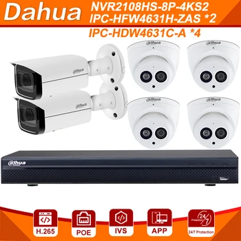 Dahua 6MP 8 + 6 Julgeoleku CCTV Kaamera Komplekt Koos NVR2108HS-8P-4KS2 IP Kaamera IPC-HFW4631H-ZSA 6TK + IPC-HDBW4631C-A DIY Komplektid