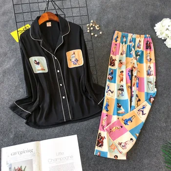 2019 Uus Trükkimine Pajama Set Naine Korea Magus Armas Rayon Pikad Varrukad Pikad Püksid Twinset Pijama