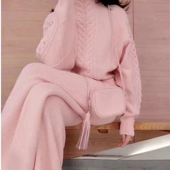 Naiste ülikond 2020. aasta uus stiil, Sügis-talv Kintted kampsun määrata kanepi mustriga kampsun + mood lai jalg püksid kaks rõivakomplekti