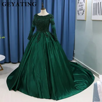 Smaragdroheline Pitsiline Pikkade Varrukatega Moslemi Pulmad Kleit 2020 Pall Kleit Printsess Pruut Kleidid Islami Satiin Kohus Rongi Pruudi Kleit