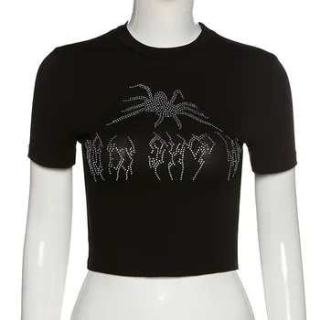 2021 primavera Rhinestone Vintage Spider Graafiline Must T-särgid O-kaeluse, Lühikeste Varrukate Saagi Tops E-tüdruk Esteetika Tees