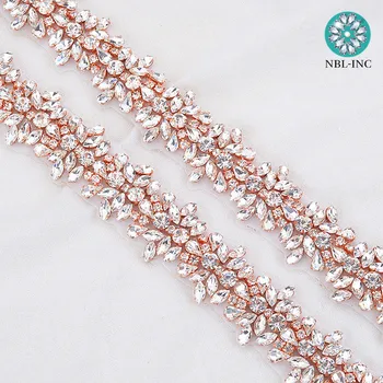 (5 MEETRIT)Hulgi-pruudi beaded rose gold crystal rhinestone applique sisekujundus raud pulmad kleit tiiva vöö WDD0278