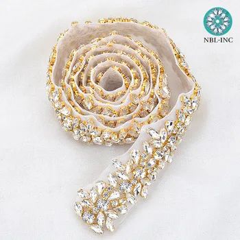 (5 MEETRIT)Hulgi-pruudi beaded rose gold crystal rhinestone applique sisekujundus raud pulmad kleit tiiva vöö WDD0278