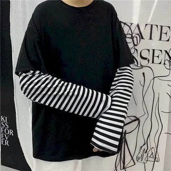 NiceMix Harajuku tshirt Naiste t-särk top Poiss Vabaaja Paar Särgid Segast Triibuline Pikk Varrukas, Hip-Hop Vale Kahe Töö