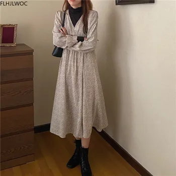 Üks Töö Disain-Korea, Sügis Kevad Naiste Põhilised Kanda Elegantne Daam Õie Trükitud Retro Vintage V-Kaelus Pikk Kleit S2939