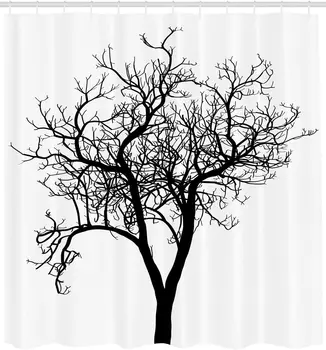 Üksildane Puu Dušš Kardin Monokromaatilise Lihtsustatud Paljad Oksad Talvel Puu Olemuselt Teemastatud Vannituba Decor Seada Konksud
