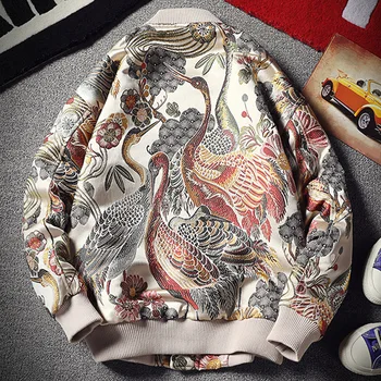 Jaapani Stiil Õie & Kraana Tikandid Meeste Bomber Jope Seista Krae Streetwear Varsity Pesapalli Mantel Pluss Suurusele