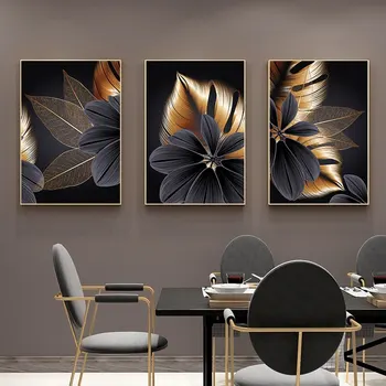 Must kuld taime lehed diamond maali kaasaegse kodu kaunistamiseks abstraktse seina art rhinestone tikandid maali Nordic elu roo