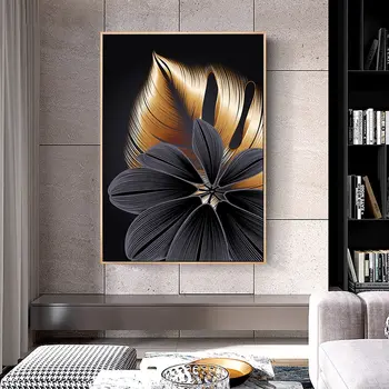 Must kuld taime lehed diamond maali kaasaegse kodu kaunistamiseks abstraktse seina art rhinestone tikandid maali Nordic elu roo