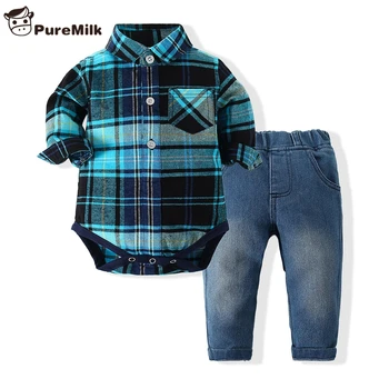 Vastsündinu riided ruuduline särk ja teksad sinine värv bebes riiete komplekt 2tk/set hot müük chlild riiete komplekt