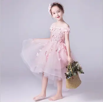 Maha Õla Lilleline Roosa Pits Flower Girl Printsess Kleit Isiku Sünnipäev, Pulm Tüdruk Võistlused Partei Esimene Õhtusöömaaeg Pall Kleit