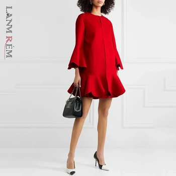 LANMREM elegantne punane ring-kaela ruffled alt street wear mood pikk suured mantel naistele Uus sügis ja talv 2A1345