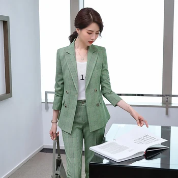 OL Office Kanda 2-osaline Komplekt, Roheline Pruun Pant Ülikond Naiste Pluss Suurus 5XL Jope Ja Pükste Daamid Topelt Karavan Ruuduline Bleiser Ülikond