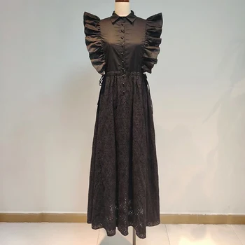 VGH Must Tuunika Elegantne Kleit Naistele Rinnamikrofon Ruffle Varruka Kõrge Vöökoht Minimalistlik Kleidid Naiste Mood Uued Riided Style 2020