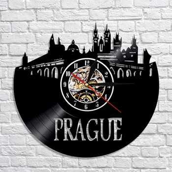 Praha Skyline Seina Art Decor Kaasaegne Disain Vinüül Rekord Kella Tšehhi Vabariik, Praha Ciyscape Käsitöö Reisi Kellad