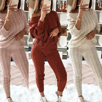 Uus Mood 2-osaline komplekt, Talvel värviga õla-dropping kampsun püksid naiste kootud pidžaama sobiks pluss suurus kokkuleppeline 1