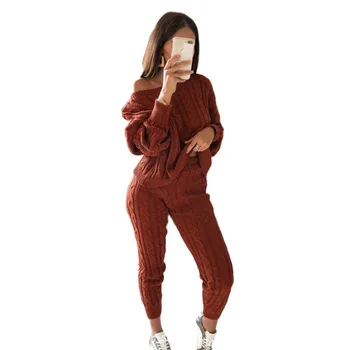 Uus Mood 2-osaline komplekt, Talvel värviga õla-dropping kampsun püksid naiste kootud pidžaama sobiks pluss suurus kokkuleppeline 1