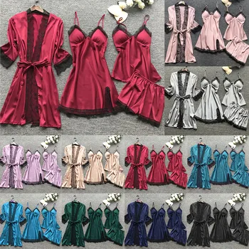 2021 Naiste Pidžaama Komplekti Satiin Sleepwear Silk 4 Tükki Nightwear Pyjama Spagetid Rihm Pits Magada Lounge Pajama Koos Rinna Padjad