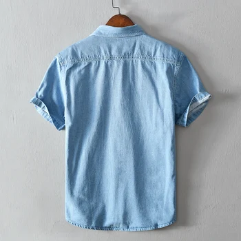 Denim meeste särk Uus suvi lühike varrukas tasku särgid Hingav sinine juhuslik mees Teksariidest särk riided Camisa masculina 559
