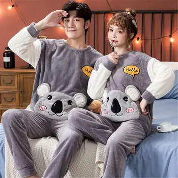 2021 Coral Fliis Pidžaama Komplekt Paar Cartoon Pidžaamad Meeste Ja Naiste Pikad Varrukad Panda Armas Tüdrukute Sleepwear Top+Pant Soe Kodu Ülikond