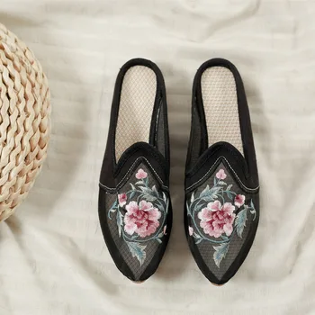 Sussid pumbad naiste kingad basic toasussid sandaalid Paeonia Hiina stiilis tikandid pikad daamid pruudi kingad zapatos de mujer