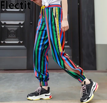 Flectit Ere Värv Blokeerida Triibuline Jogger Püksid Street Style Sweatpants Jälgida Püksid Elastne Vöökoht Lõhik Püksid Naistele