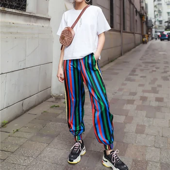 Flectit Ere Värv Blokeerida Triibuline Jogger Püksid Street Style Sweatpants Jälgida Püksid Elastne Vöökoht Lõhik Püksid Naistele