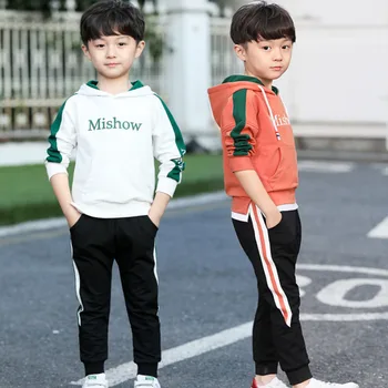 Poisi riided kevad sügis spordi -, kahe-töö korea stiilis pikkade varrukatega kapuutsiga dressipluus jakk + püksid childreng kvaliteediga rõivad