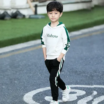 Poisi riided kevad sügis spordi -, kahe-töö korea stiilis pikkade varrukatega kapuutsiga dressipluus jakk + püksid childreng kvaliteediga rõivad
