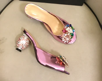 VIISENANTIN 2020 lady väljas sandaal king roosa läikiv nahk rhinestone palli peep varba slaidid ring kanna mood sandal