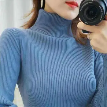 PEONFLY korea Stiilis kõrge kaelusega Kampsun Naiste (Solid Color Elastne Kootud Pehme Pullover Kampsun Naiste Mood 2020 Pulloverid