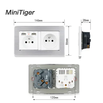 Minitiger 2 Gang prantsuse Standard Seina Pesa 2 USB Laadimine Sadamas Peidetud Pehme LED-Roostevabast Terasest Harjatud Paneel