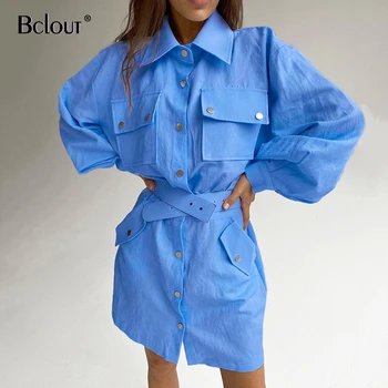 Bclout Vabaaja Keera Krae Särk Kleit Naiste Kõrge Vöökoht Pikad Varrukad Lühikesed Naiste Kleit Taskud Slim Nuppu Rüü 2021 Sügis