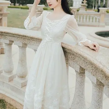 Vintage Kleit, Naiste Sügis Elegantne Midi Pool Kleit Square Krae Liblikas Varruka Magus 2020 Korea Stiilis Muinasjutt Retro Kleit