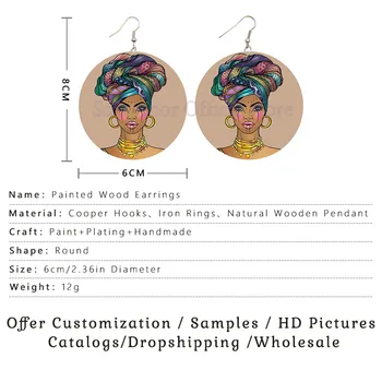 SOMESOOR Afro Headwrap Naine Kunsti maalid, Puust Tilk Kõrvarõngad Vintage-Aafrika Etnilise joonised Puit Kõrva Tolknema Jaoks Mustad Kingitused