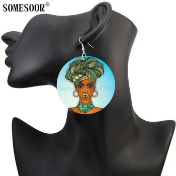 SOMESOOR Afro Headwrap Naine Kunsti maalid, Puust Tilk Kõrvarõngad Vintage-Aafrika Etnilise joonised Puit Kõrva Tolknema Jaoks Mustad Kingitused