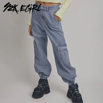 Y2K EGIRL Sügisel Kottis Denim Kõrge Vöökoht Cargo Püksid 90s Streetwear, Millel on Taskud Sinine Moms Teksad Hip-Hop Stiilis Püksid Naistele