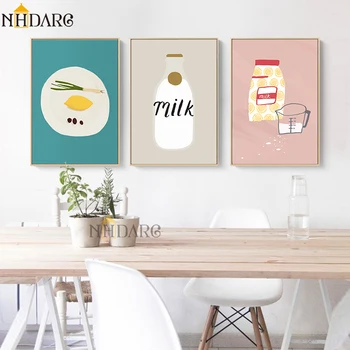 Dekoratiivsed Värvimistööd Piima-Leiva-Hommikusöök Restoranis Cute Cartoon Toidu Plakatid ja Pildid Lõuendile Maali Seina Art Home Decor
